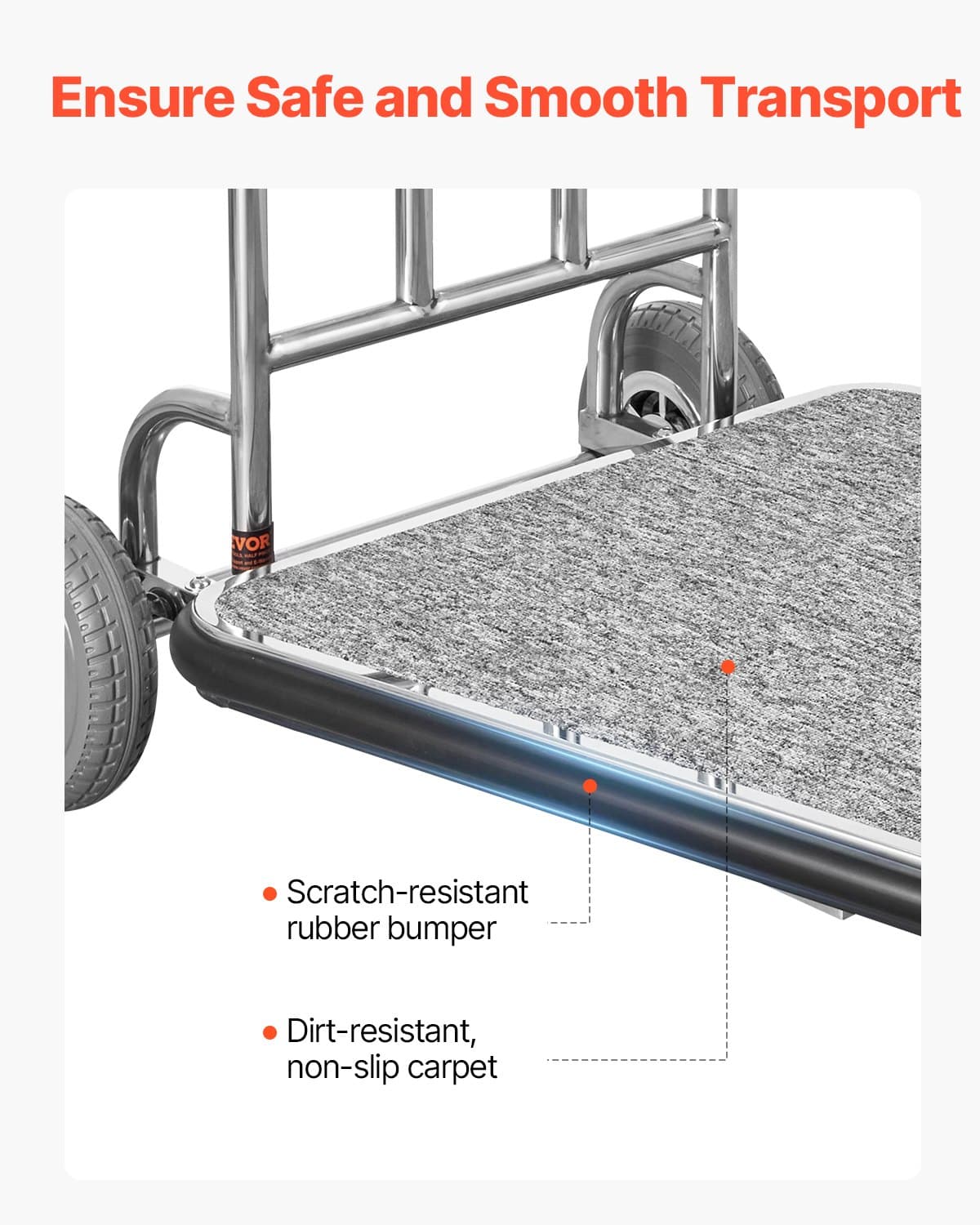 VEVOR Stainless Steel Bellman Luggage Cart, 600 lb (272 kg) Capacity, 3-Wheel, Grey Carpet Deck, Ideal for Hotels & Resorts – Paveikslėlis 6