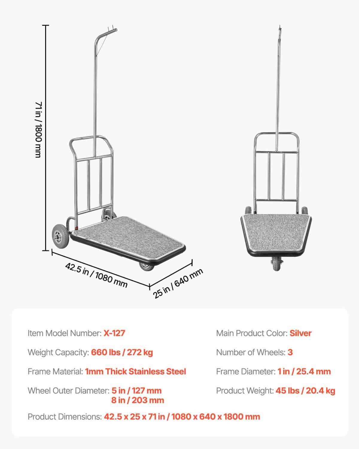 VEVOR Stainless Steel Bellman Luggage Cart, 600 lb (272 kg) Capacity, 3-Wheel, Grey Carpet Deck, Ideal for Hotels & Resorts – Paveikslėlis 7