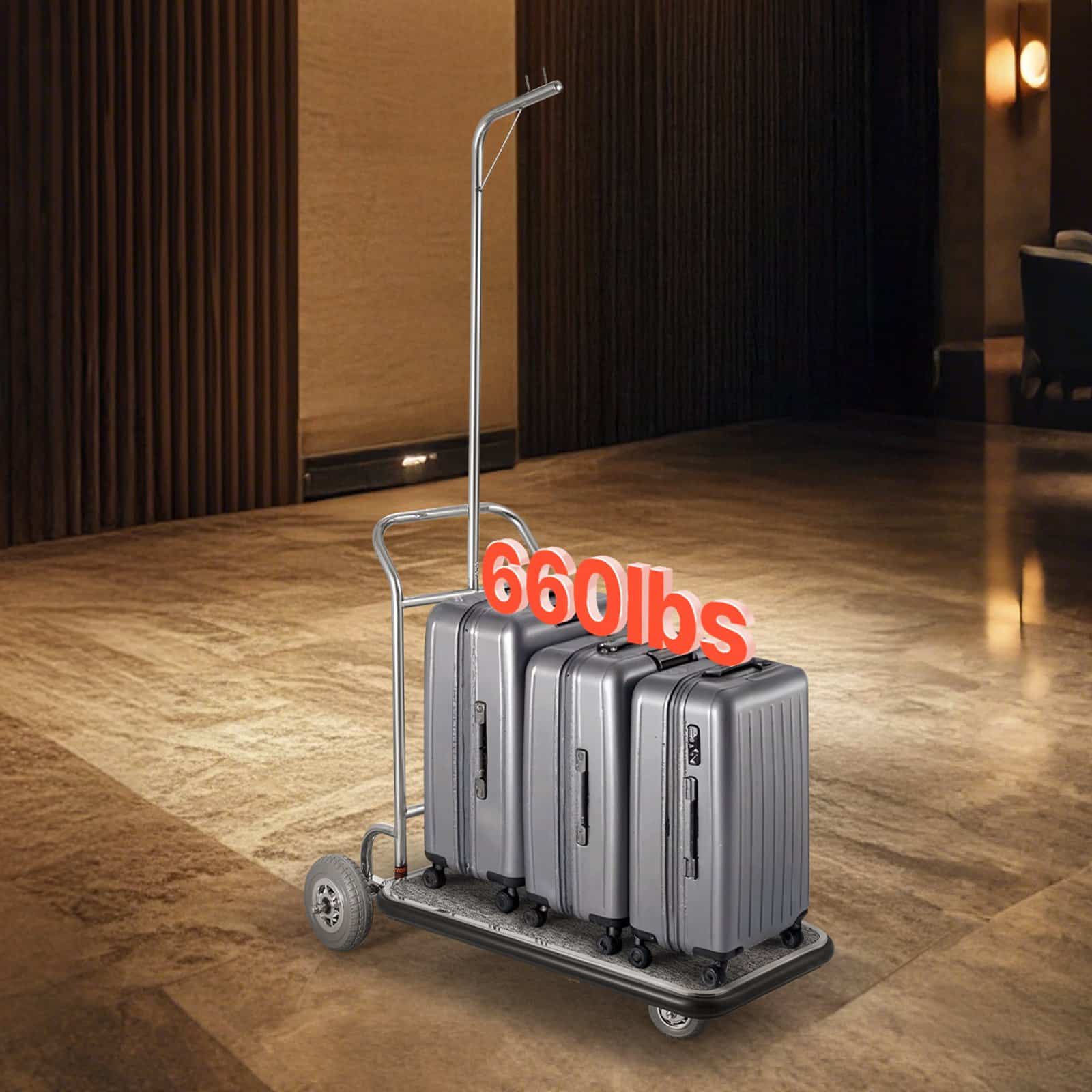 VEVOR Stainless Steel Bellman Luggage Cart, 600 lb (272 kg) Capacity, 3-Wheel, Grey Carpet Deck, Ideal for Hotels & Resorts – Paveikslėlis 8