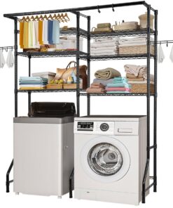 Стойка для хранения стиральной и сушильной машин VEVOR, 6-ярусная регулируемая полка со стержнями и крючками, подходит для ширины до 77,5 см, черный