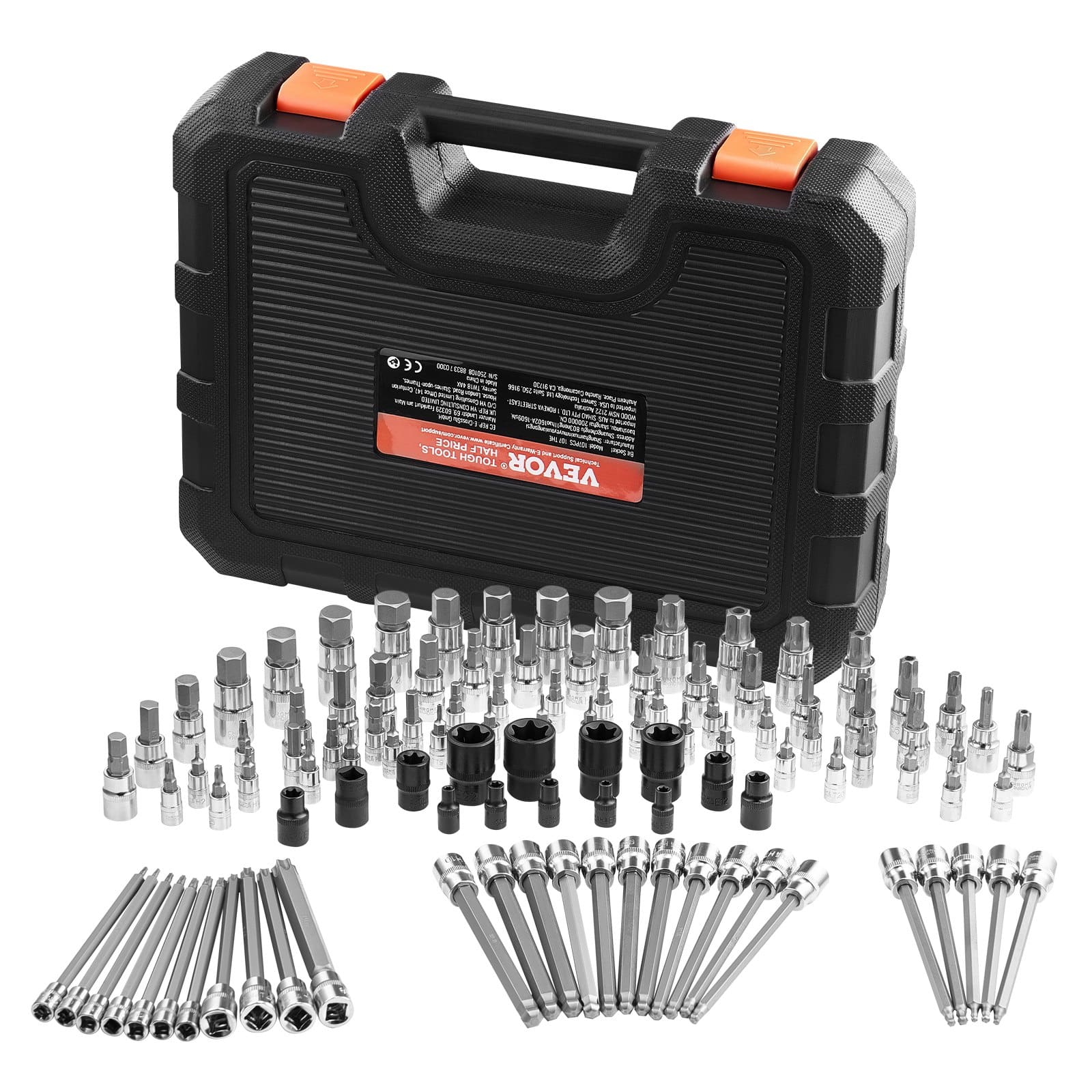 VEVOR 107-Piece Bit Socket Set, SAE & Metric, Hex/Torx/E-Torx/Tamper-Proof, S2 & Cr-V Steel, 6.35/9.5/12.7 mm Drives, Case Included - Image 9