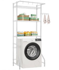 3-ярусная стойка для хранения стиральной машины VEVOR с подвесным стержнем и крючками, регулируемая стальная полка для прачечной, подходит до 77,5 см, белая