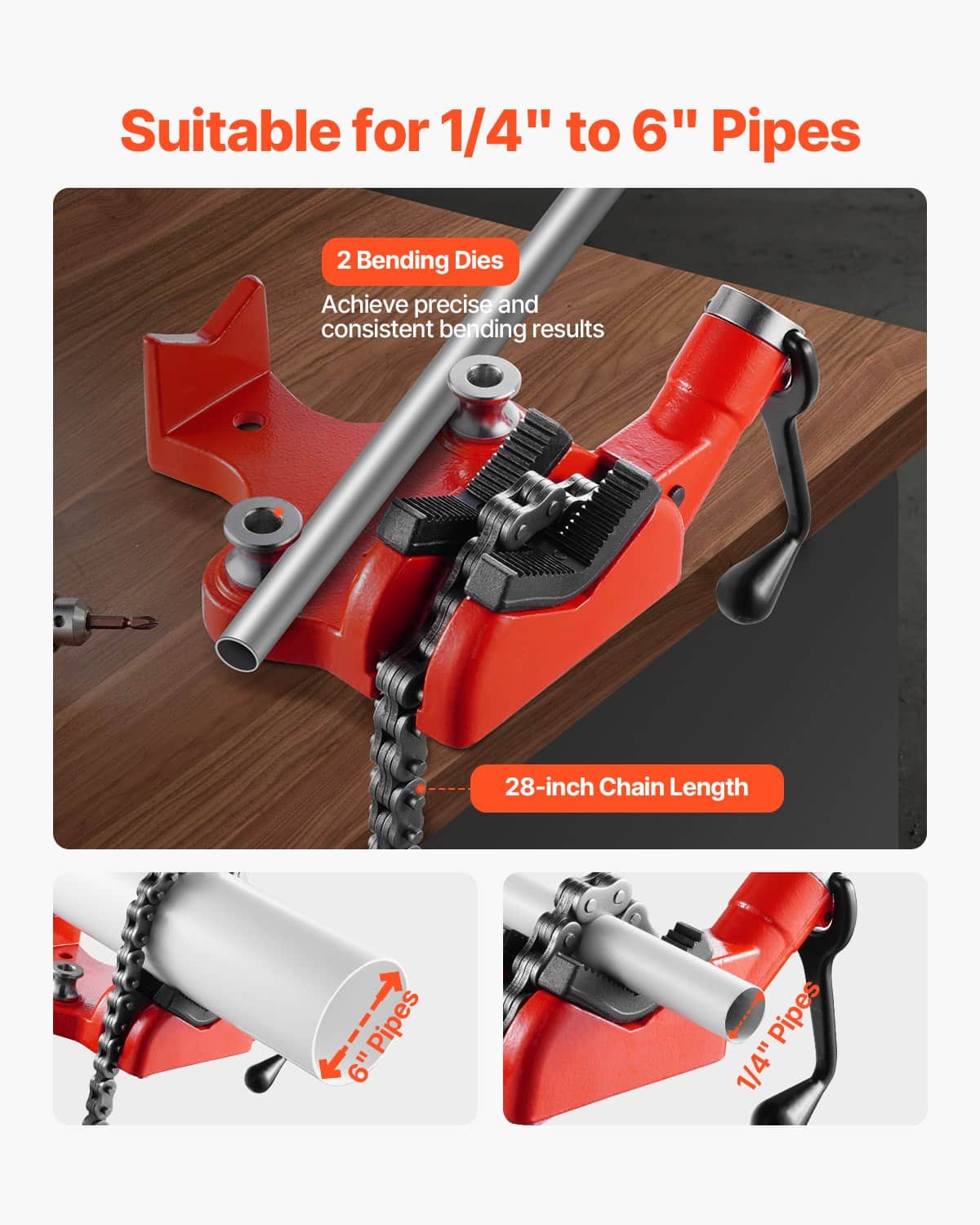 VEVOR Heavy-Duty Pipe Chain Vise, 6–152 mm Capacity, 710 mm Chain, Cast Iron Base, Industrial Pipe Clamp for Plumbing & Repairs — изображение 2