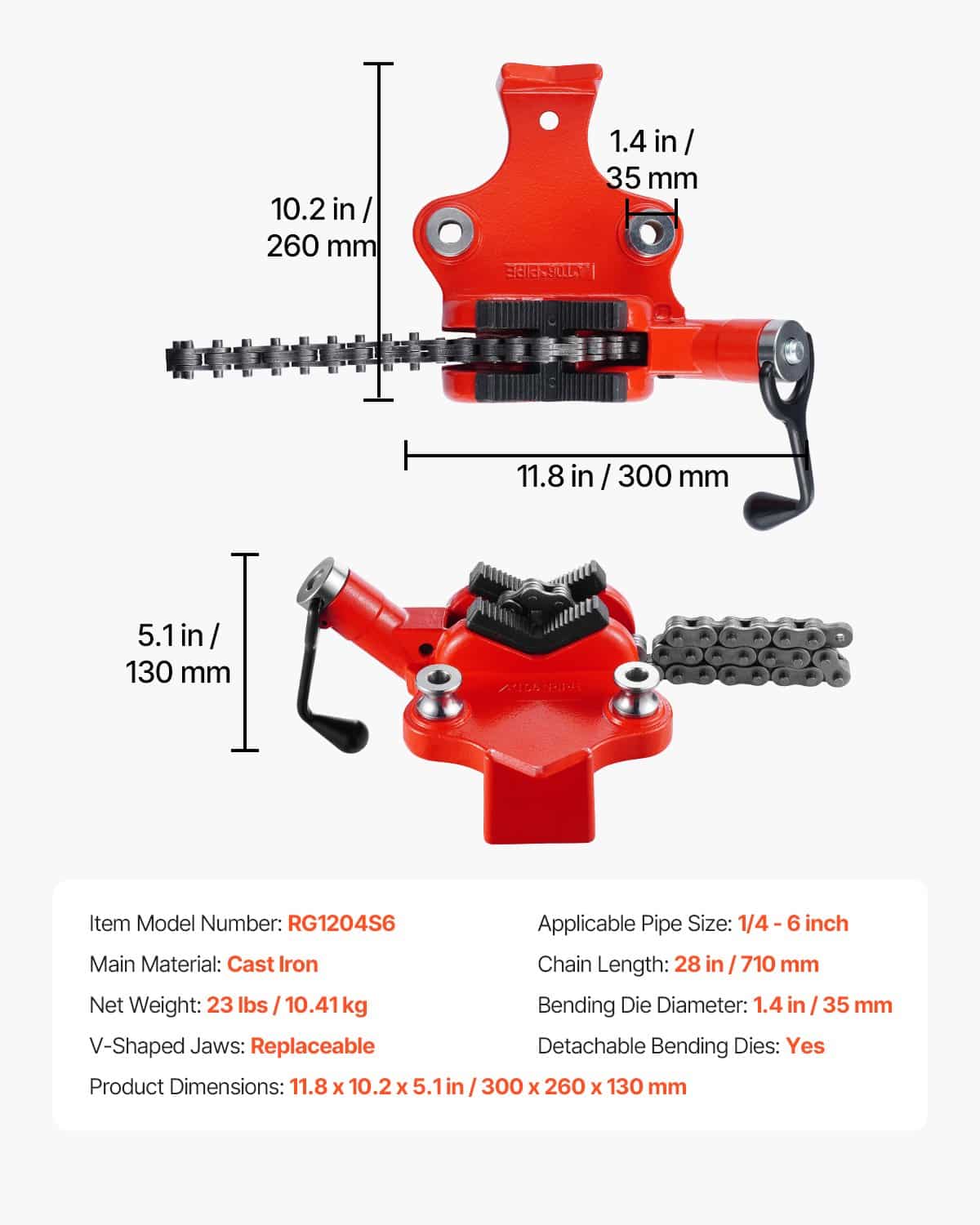 VEVOR Heavy-Duty Pipe Chain Vise, 6–152 mm Capacity, 710 mm Chain, Cast Iron Base, Industrial Pipe Clamp for Plumbing & Repairs — изображение 7