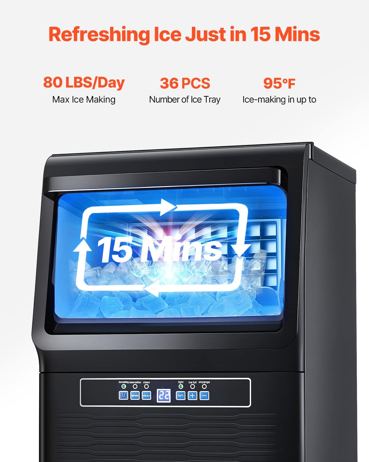 VEVOR Commercial Ice Maker 36 Cubes/15 Min, 36kg/24H Output, 5.4kg Storage, LED Display, Self-Cleaning, for Bar/Restaurant — attēls 2
