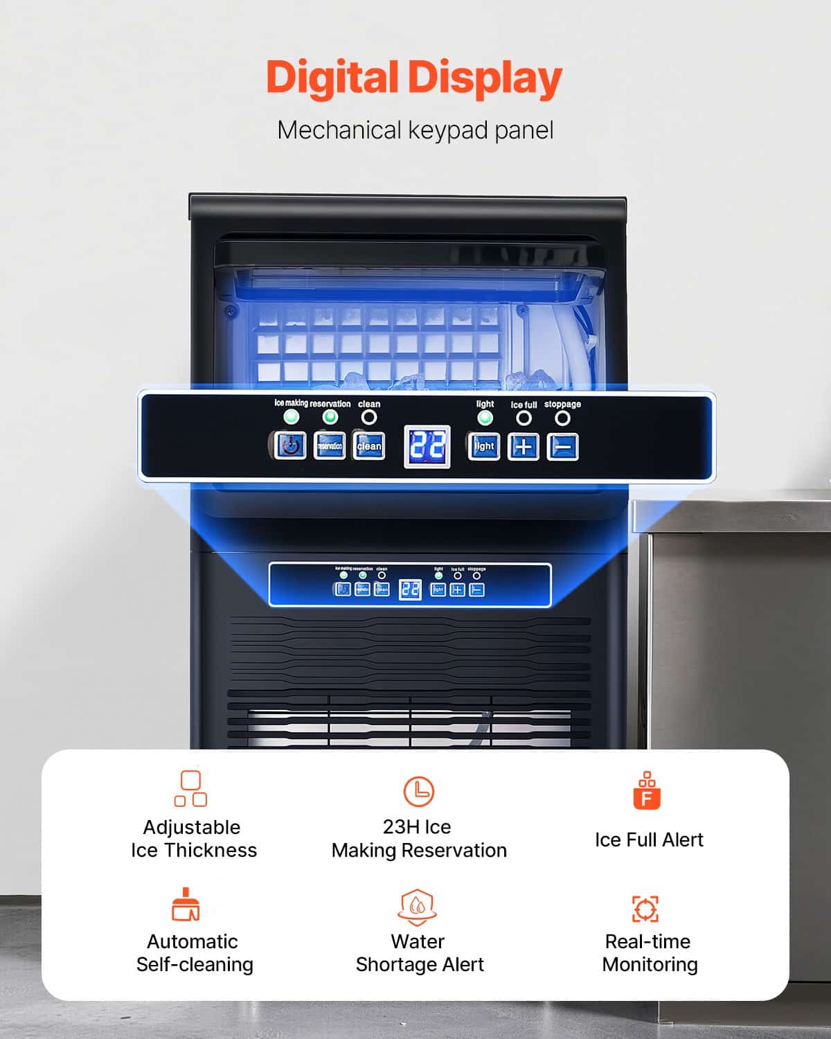 VEVOR Commercial Ice Maker 36 Cubes/15 Min, 36kg/24H Output, 5.4kg Storage, LED Display, Self-Cleaning, for Bar/Restaurant — attēls 4