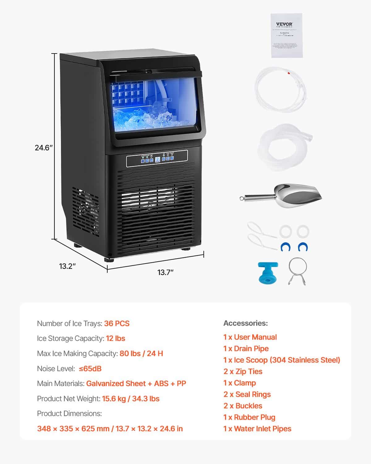VEVOR Commercial Ice Maker 36 Cubes/15 Min, 36kg/24H Output, 5.4kg Storage, LED Display, Self-Cleaning, for Bar/Restaurant — attēls 7