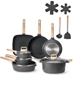 VEVOR 19-Piece Granite Nonstick Cookware Set us Induction Compatible Pots & Pans with Lids, Usensils & Pan Protectors, Black