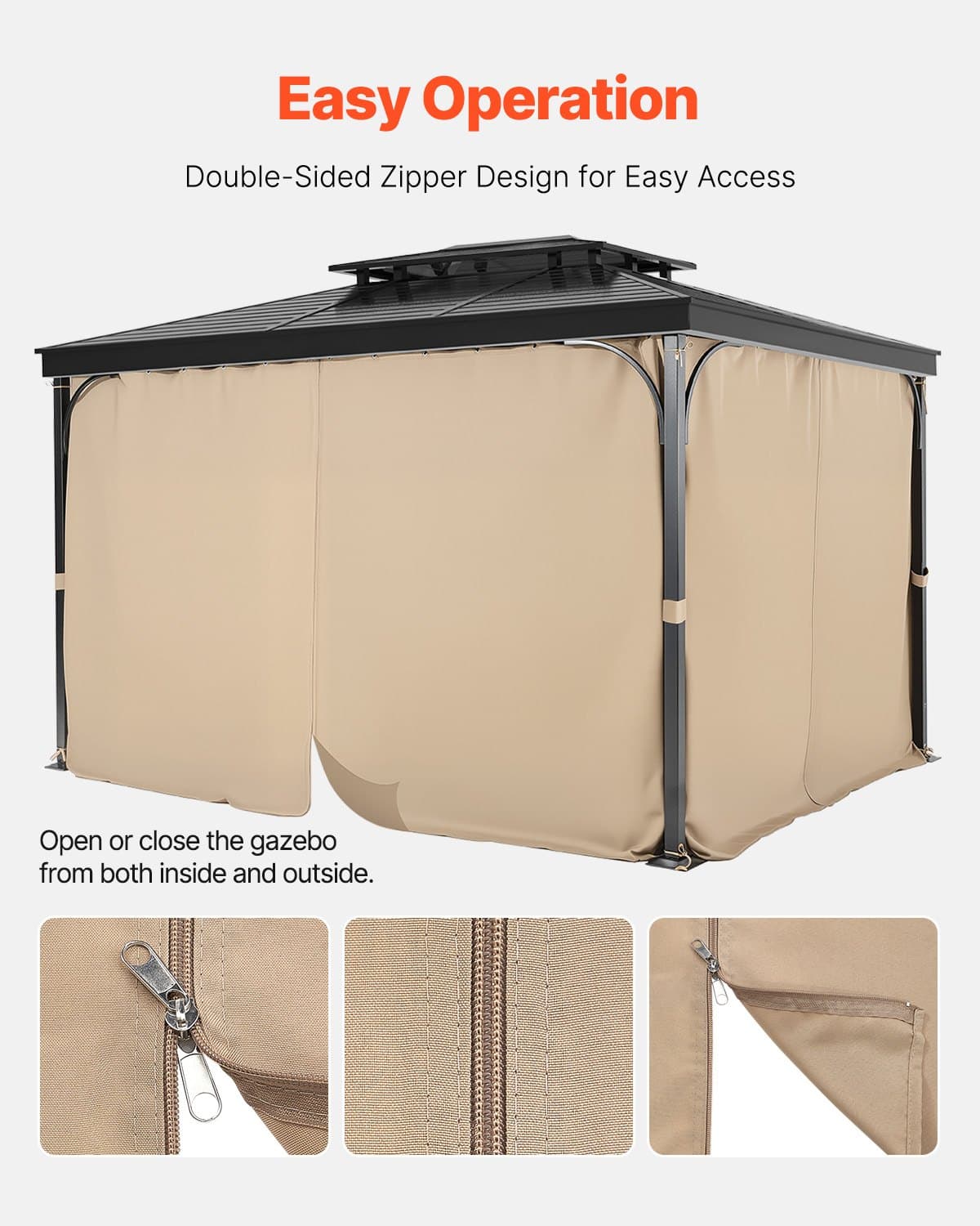 VEVOR Outdoor Gazebo Privacy Curtains, 4-Panel Khaki Sidewalls with Zippers, Fits 3.65x3.05x2.05 m Gazebos, Waterproof Polyester - Image 4