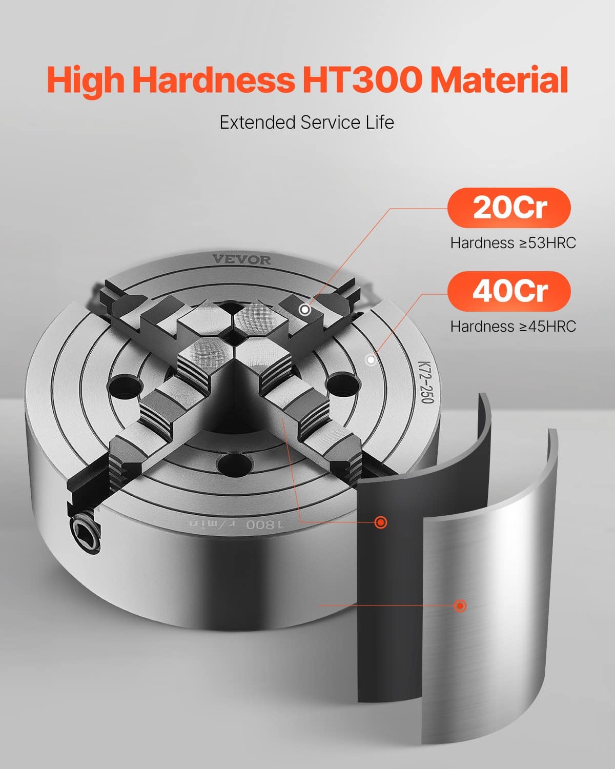 VEVOR 250 mm 4-Jaw Self-Centering Lathe Chuck with T-Key, 15–250 mm Clamping Range, HT300 Cast Iron for Wood & Metal – Paveikslėlis 2