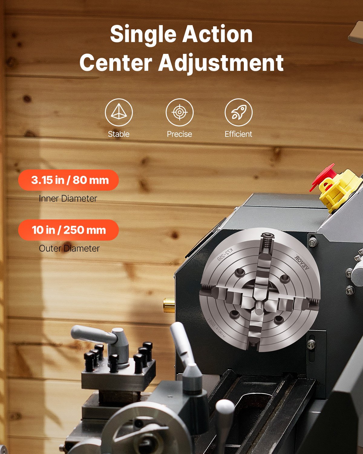 VEVOR 250 mm 4-Jaw Self-Centering Lathe Chuck with T-Key, 15–250 mm Clamping Range, HT300 Cast Iron for Wood & Metal – Paveikslėlis 3