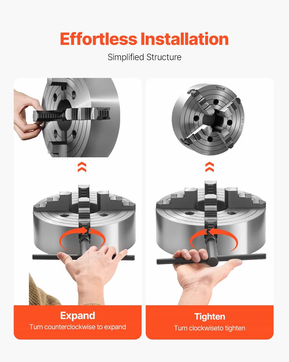 VEVOR 250 mm 4-Jaw Self-Centering Lathe Chuck with T-Key, 15–250 mm Clamping Range, HT300 Cast Iron for Wood & Metal – Paveikslėlis 5
