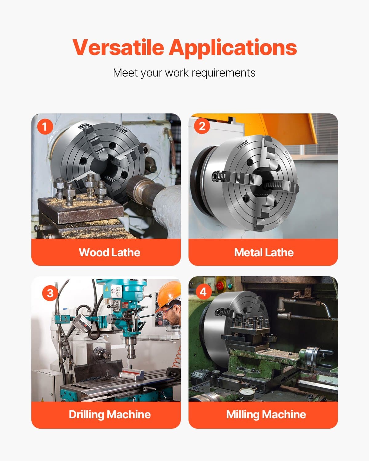 VEVOR 250 mm 4-Jaw Self-Centering Lathe Chuck with T-Key, 15–250 mm Clamping Range, HT300 Cast Iron for Wood & Metal – Paveikslėlis 6