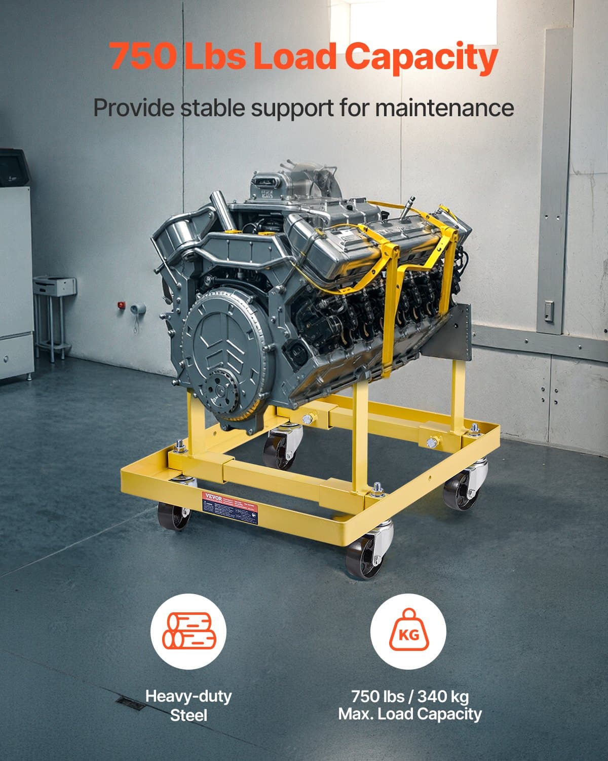 VEVOR Engine Stand 340kg Load, Adjustable Motor Holder with 4 Swivel Casters & 2 Straps, Steel Frame for Most Engines — attēls 2