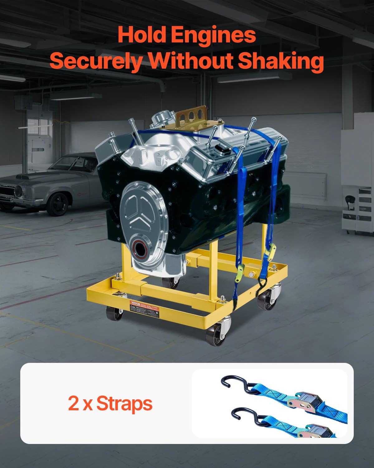 VEVOR Engine Stand 340kg Load, Adjustable Motor Holder with 4 Swivel Casters & 2 Straps, Steel Frame for Most Engines — attēls 7