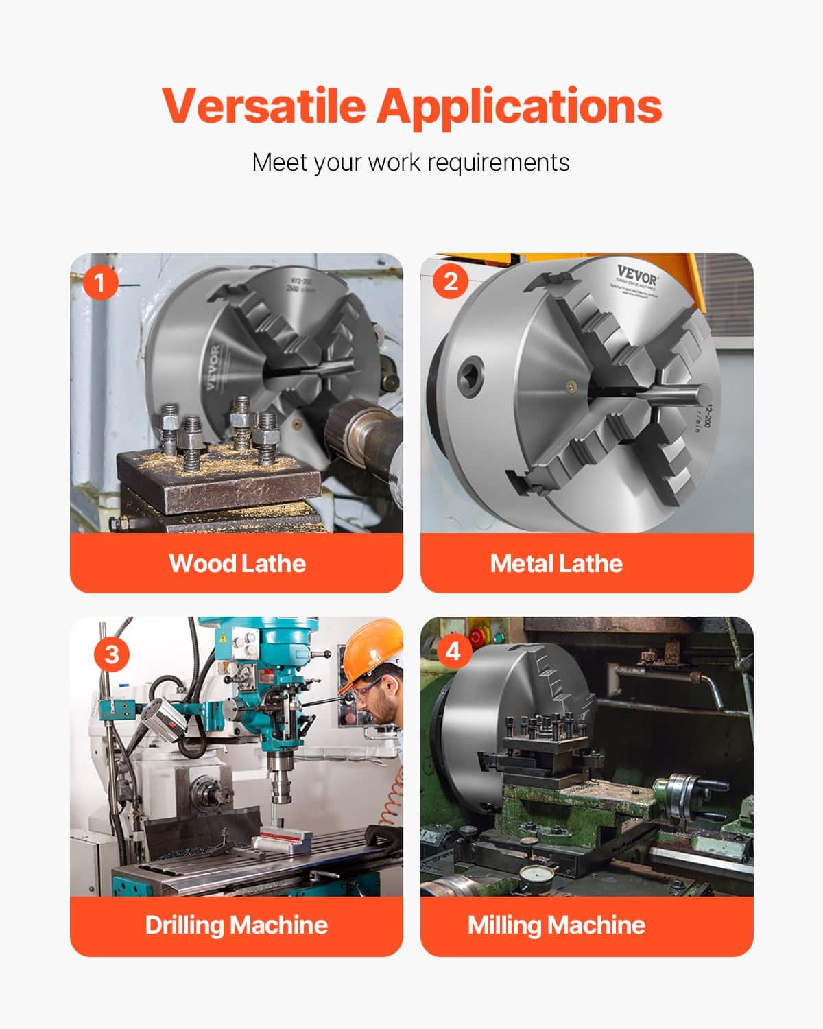 VEVOR 200 mm 4-Jaw Self-Centering Lathe Chuck with 1.5 in-8 Thread, HT300 Cast Iron, 4–200 mm Range, for Wood & Metal Lathes - Pilt 6