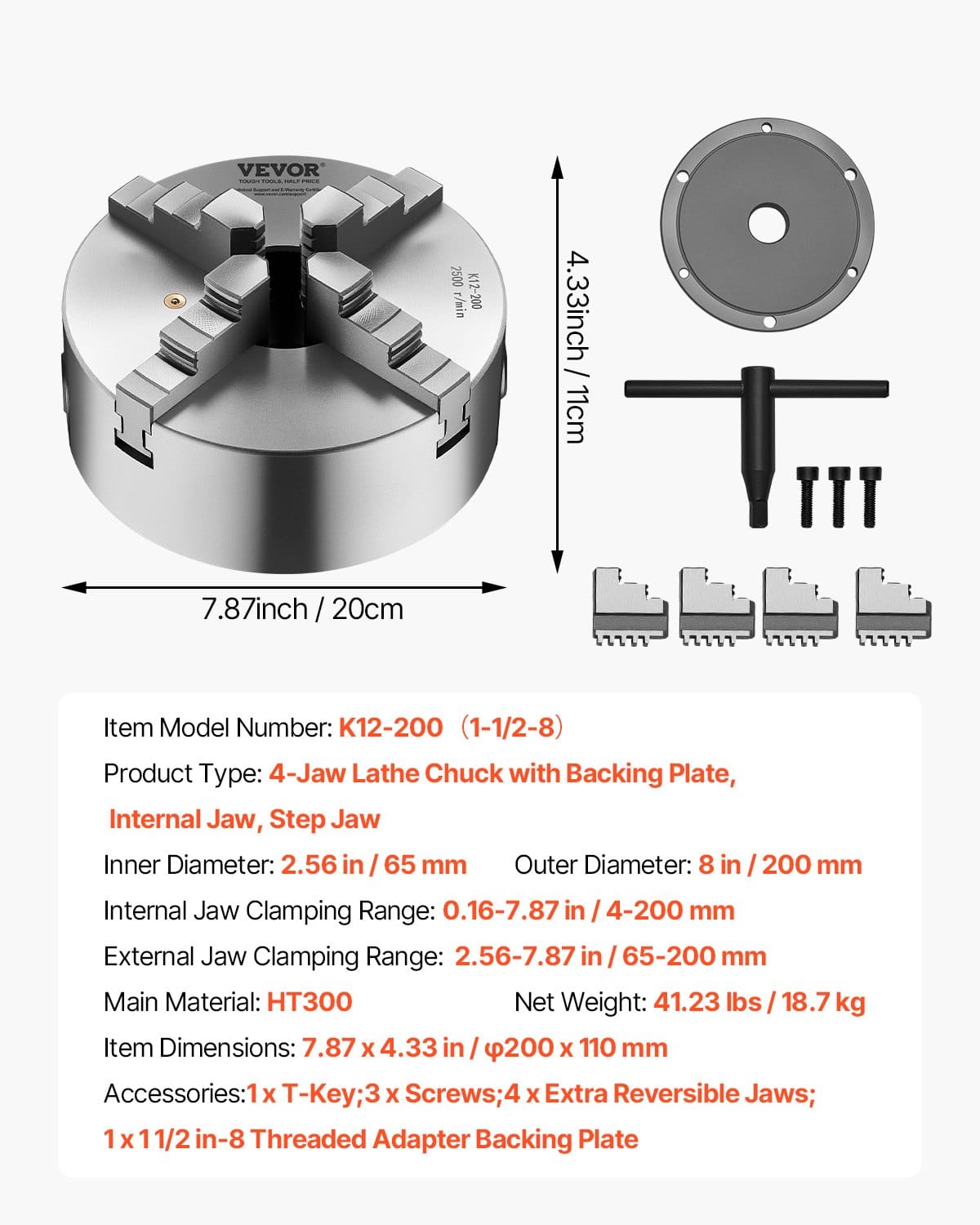 VEVOR 200 mm 4-Jaw Self-Centering Lathe Chuck with 1.5 in-8 Thread, HT300 Cast Iron, 4–200 mm Range, for Wood & Metal Lathes - Pilt 7