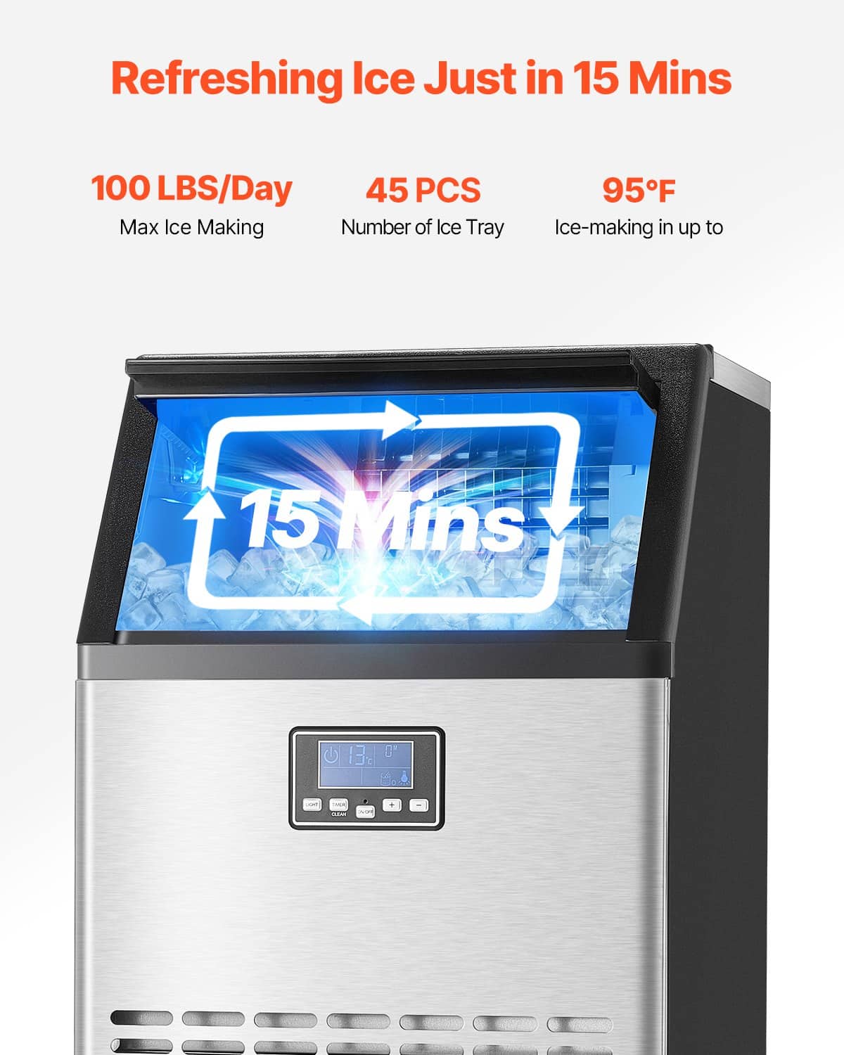 VEVOR Commercial Ice Maker, 45 Ice Cubes Every 15 min, 45kg/24h Output, 15kg Storage, LED Display, Self-Cleaning, Freestanding - Зображення 2