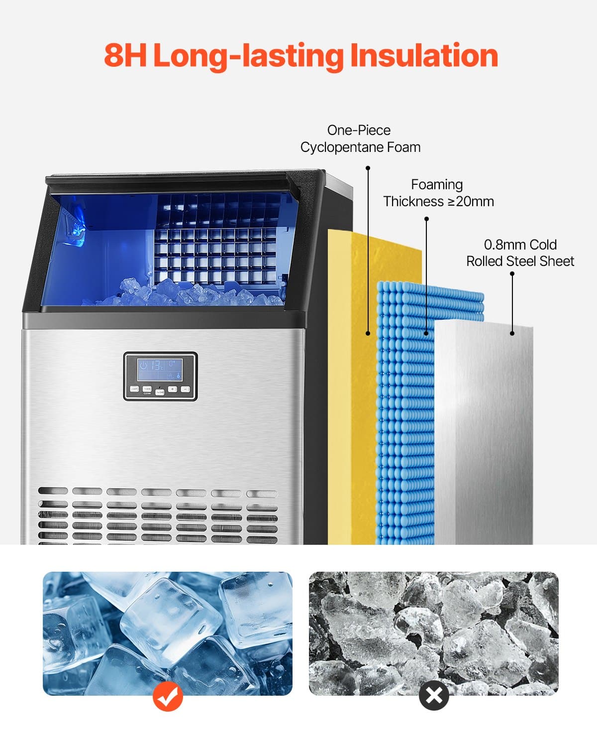 VEVOR Commercial Ice Maker, 45 Ice Cubes Every 15 min, 45kg/24h Output, 15kg Storage, LED Display, Self-Cleaning, Freestanding - Зображення 5
