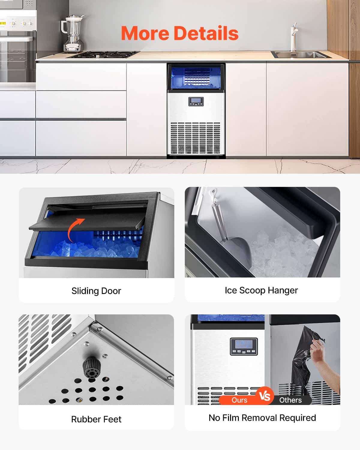 VEVOR Commercial Ice Maker, 45 Ice Cubes Every 15 min, 45kg/24h Output, 15kg Storage, LED Display, Self-Cleaning, Freestanding - Зображення 6