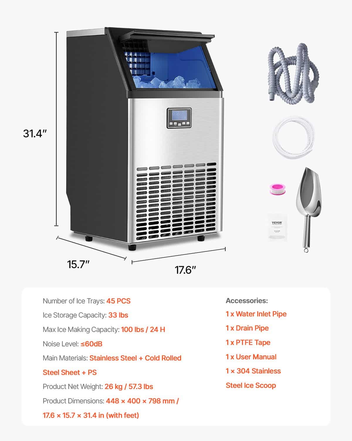 VEVOR Commercial Ice Maker, 45 Ice Cubes Every 15 min, 45kg/24h Output, 15kg Storage, LED Display, Self-Cleaning, Freestanding - Зображення 7