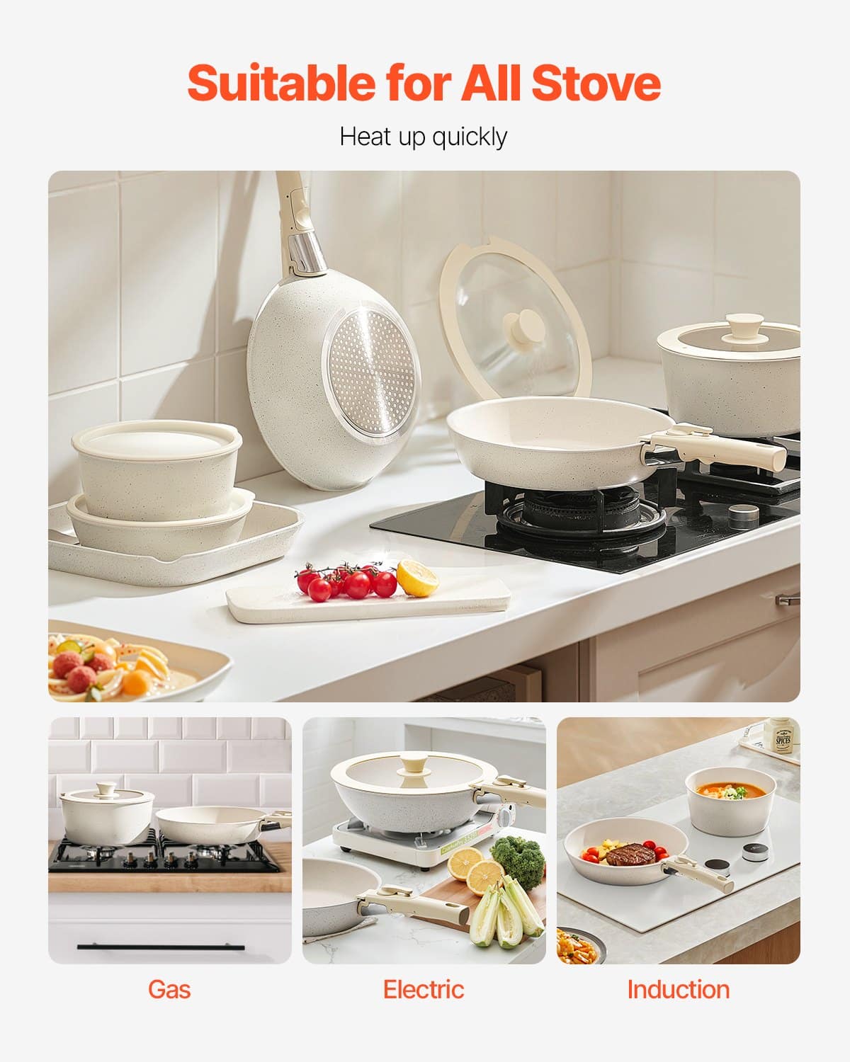 VEVOR 17-Piece Nonstick Cookware Set with Detachable Handles, Induction & Oven Safe, Space-Saving Kitchen Pots & Pans – White - Image 6