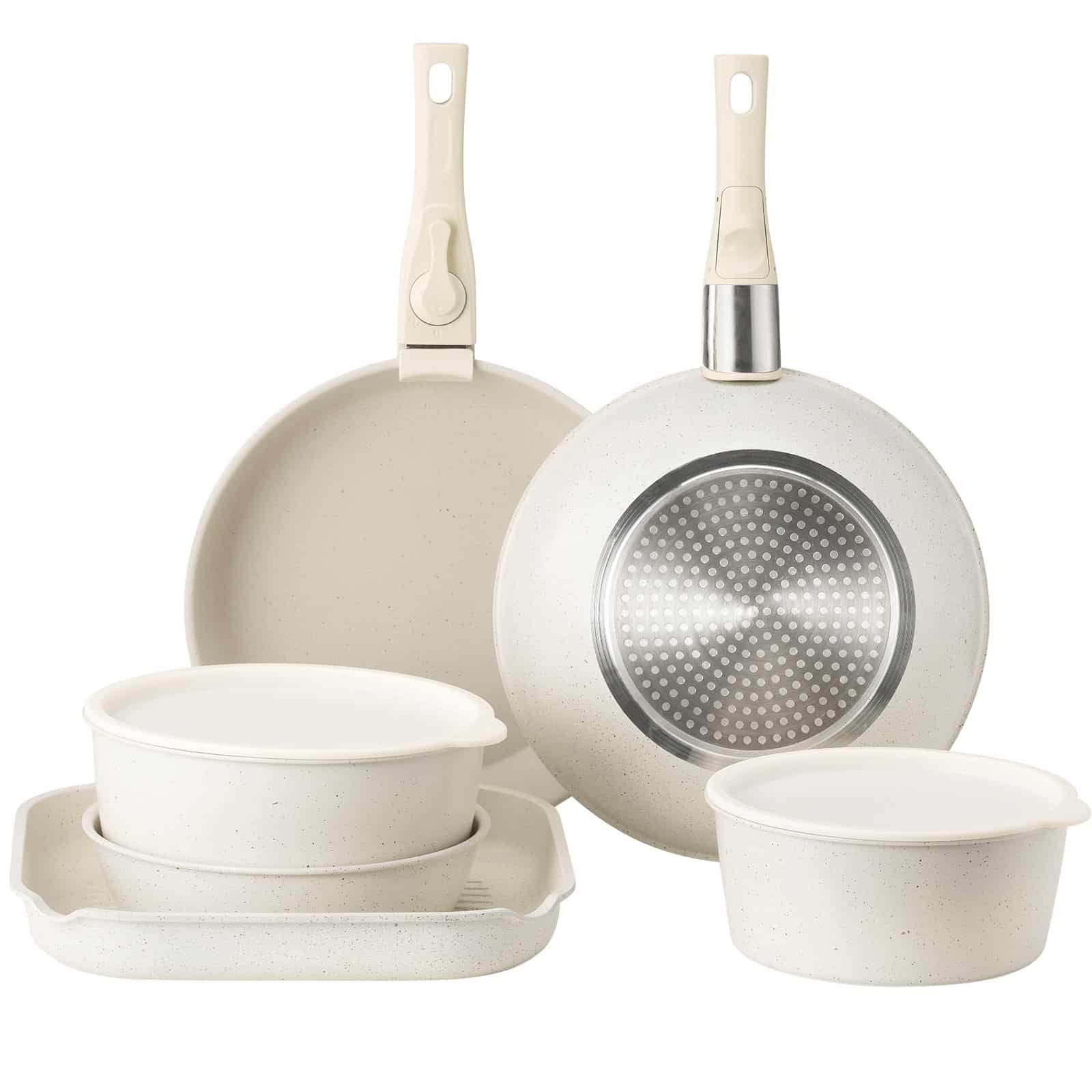 VEVOR 17-Piece Nonstick Cookware Set with Detachable Handles, Induction & Oven Safe, Space-Saving Kitchen Pots & Pans – White - Image 12