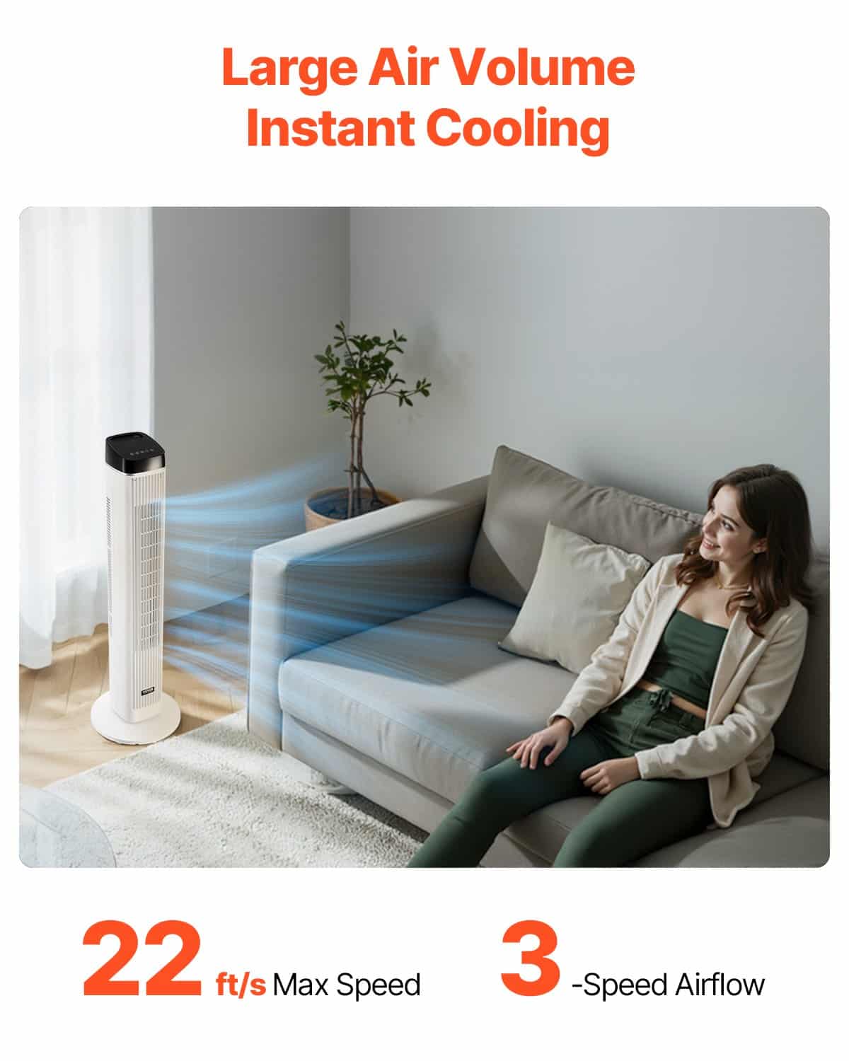 VEVOR Quiet Tower Fan with Remote, Bladeless 6.7 m/s Airflow, 70° Oscillation, 3 Speeds, 4 Modes, 12h Timer for Home & Office - Pilt 3