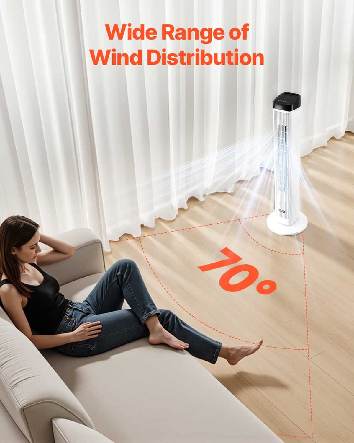 VEVOR Quiet Tower Fan with Remote, Bladeless 6.7 m/s Airflow, 70° Oscillation, 3 Speeds, 4 Modes, 12h Timer for Home & Office - Pilt 5