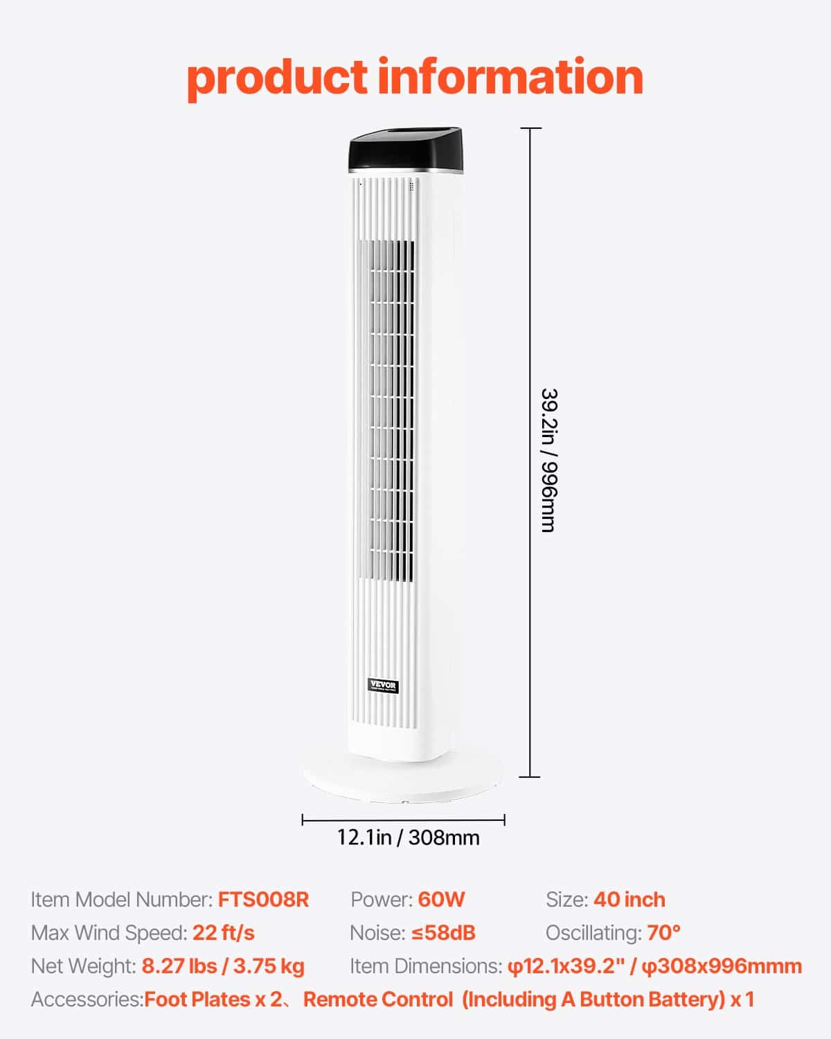 VEVOR Quiet Tower Fan with Remote, Bladeless 6.7 m/s Airflow, 70° Oscillation, 3 Speeds, 4 Modes, 12h Timer for Home & Office - Pilt 7