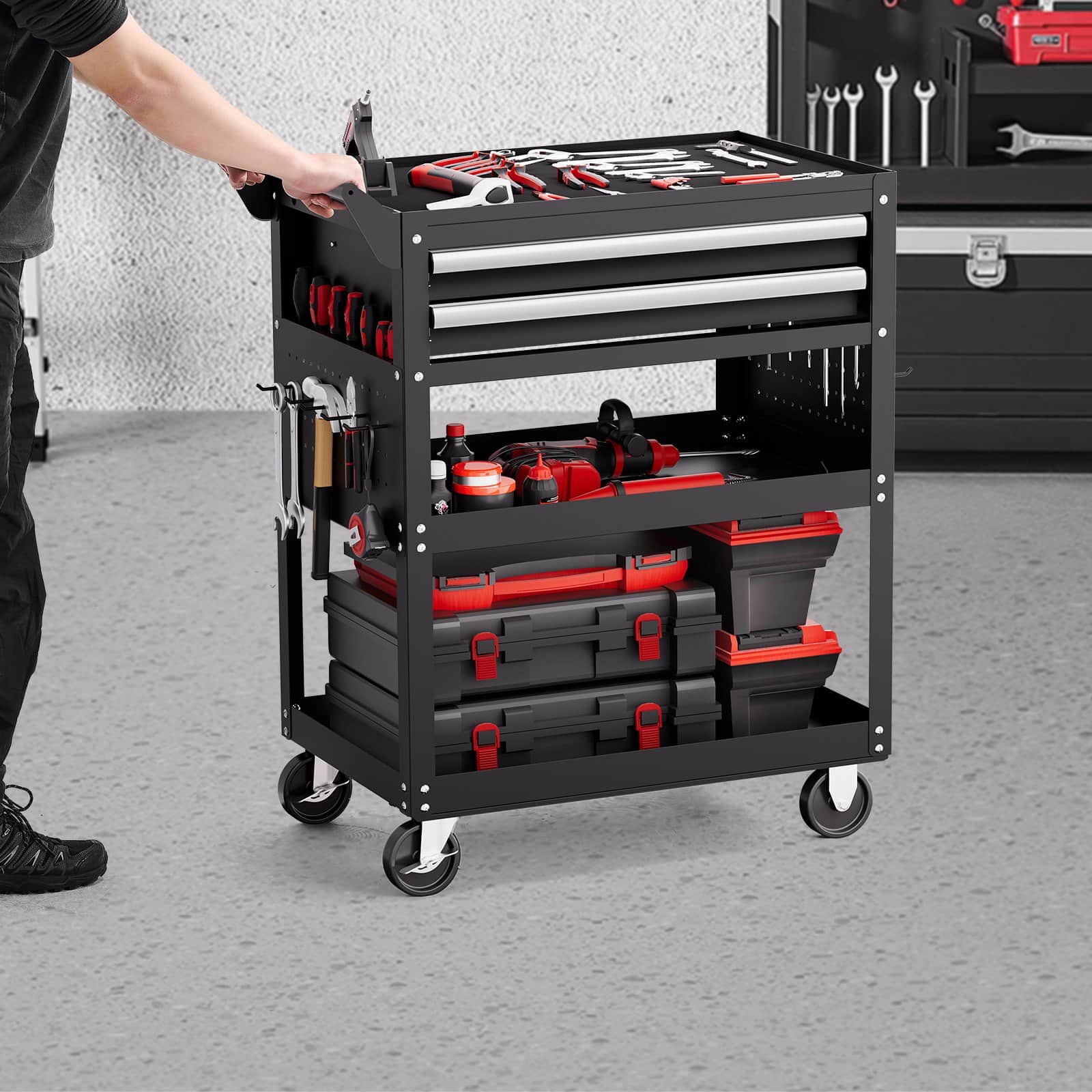 VEVOR 5-Tier Rolling Tool Cart with Lockable Drawers, Pegboard & 180 kg Capacity for Garage & Workshop, Black — Attēls 8