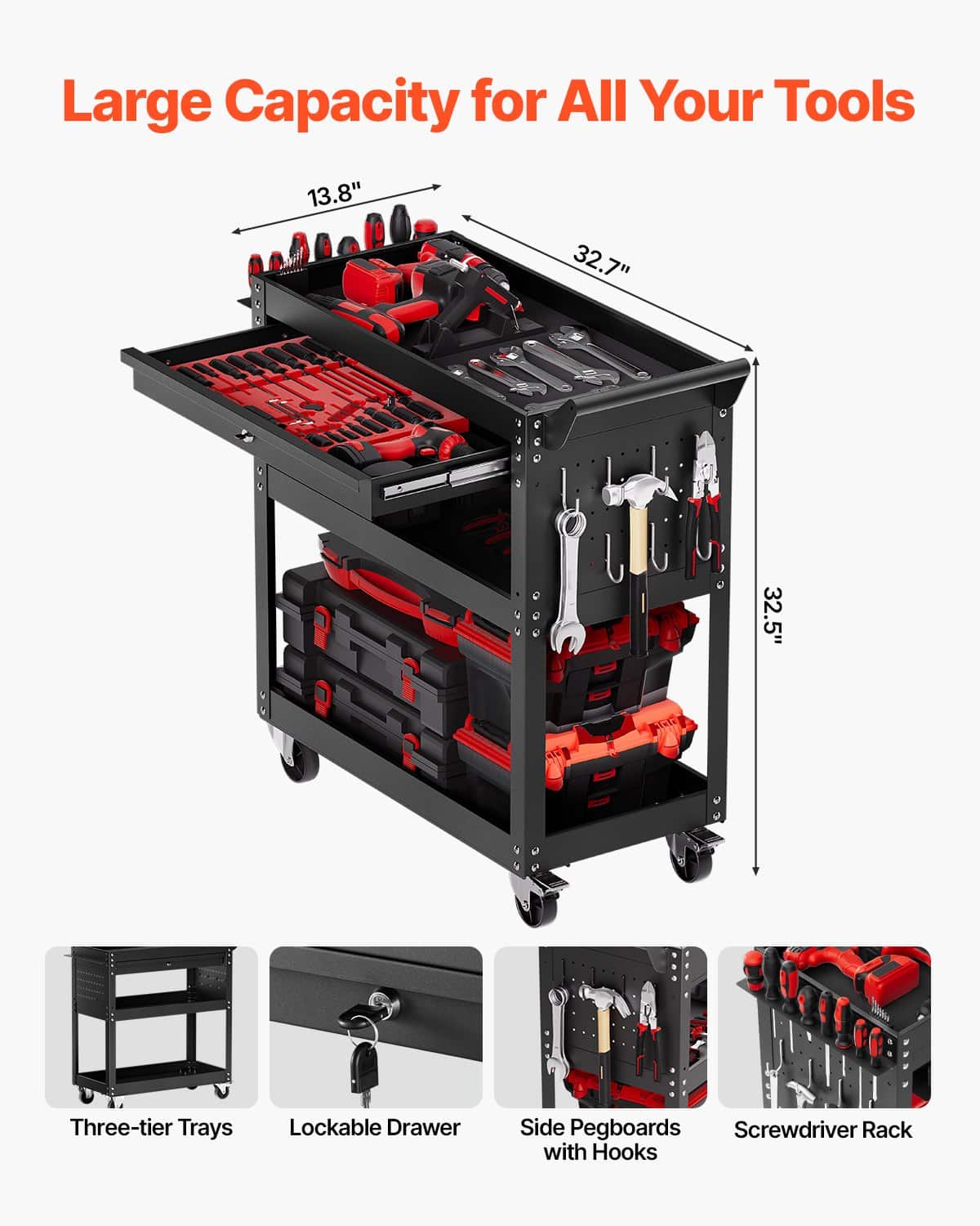 VEVOR 4-Tier Rolling Tool Cart with Locking Drawer, Pegboard, 159 kg Capacity, Metal Storage Organizer for Garage & Workshop, Black — Attēls 2