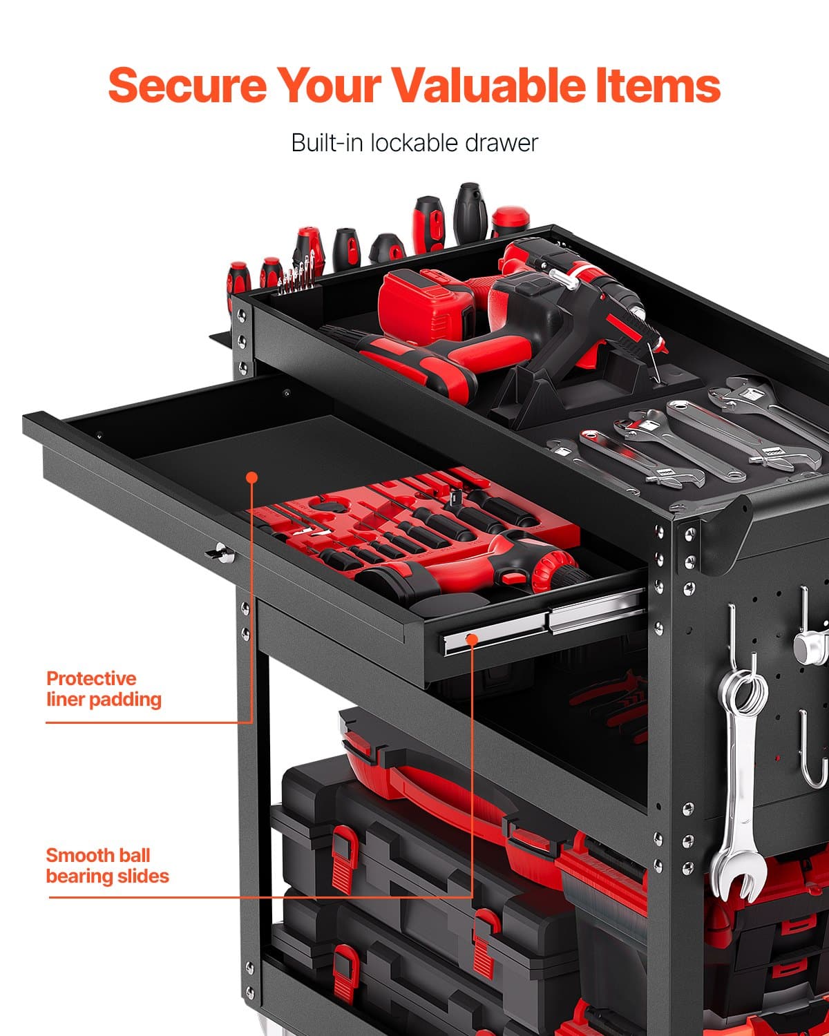 VEVOR 4-Tier Rolling Tool Cart with Locking Drawer, Pegboard, 159 kg Capacity, Metal Storage Organizer for Garage & Workshop, Black — Attēls 3