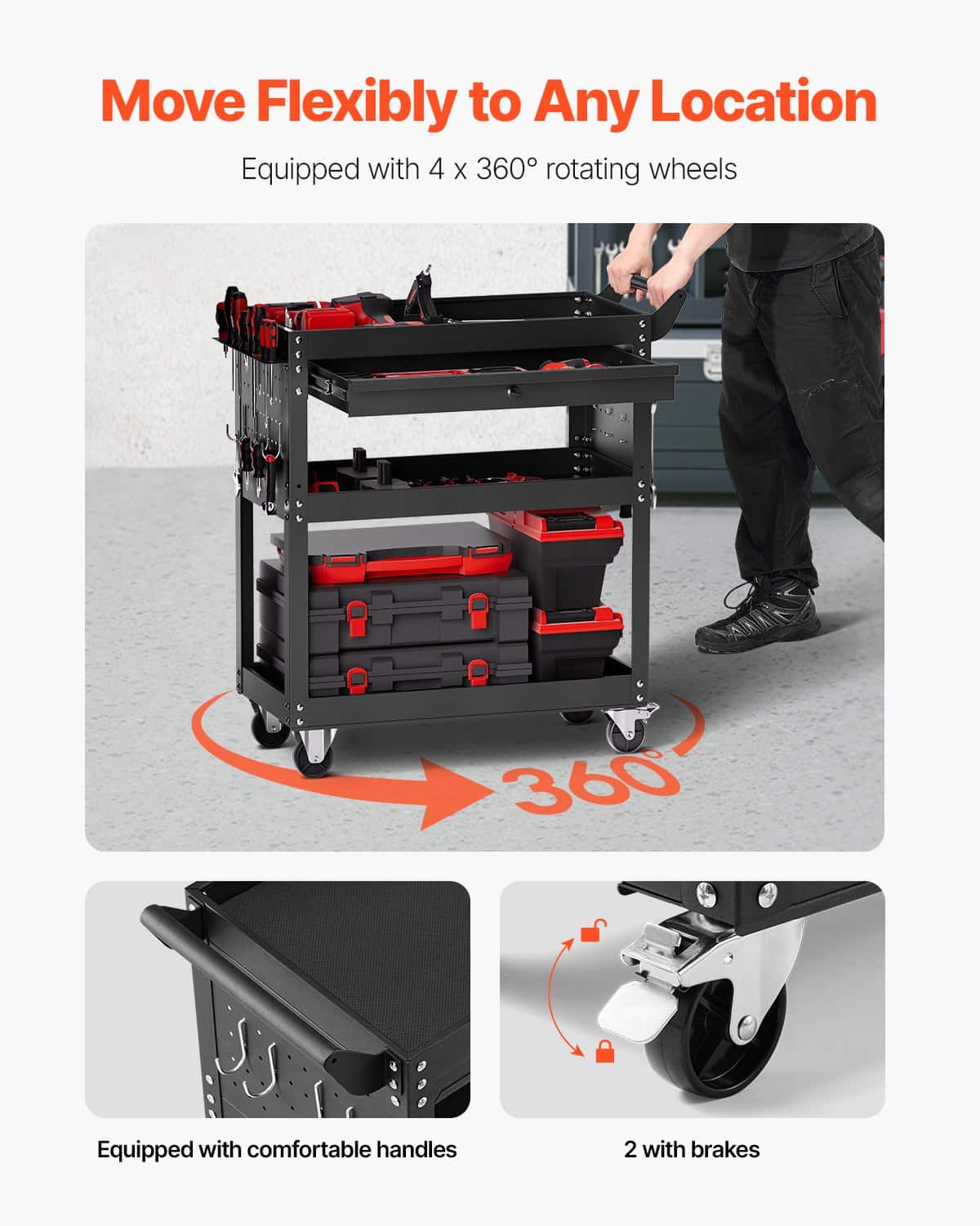 VEVOR 4-Tier Rolling Tool Cart with Locking Drawer, Pegboard, 159 kg Capacity, Metal Storage Organizer for Garage & Workshop, Black — Attēls 4