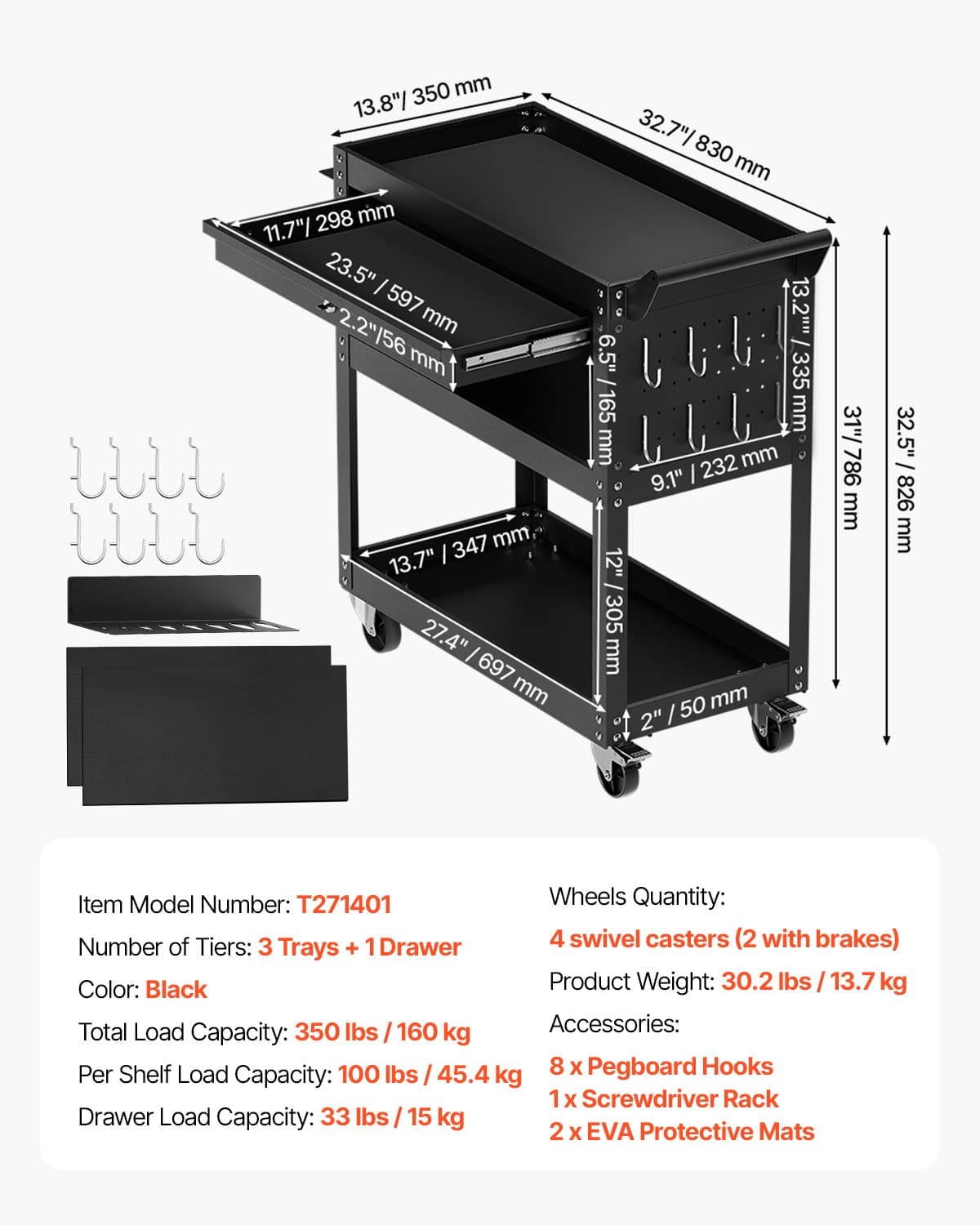 VEVOR 4-Tier Rolling Tool Cart with Locking Drawer, Pegboard, 159 kg Capacity, Metal Storage Organizer for Garage & Workshop, Black — Attēls 7