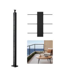VEVOR Cable Railing Post 91x5x5 cm, Stainless Steel Deck Handrail with Horizontal Holes & Curved Bracket, Black, 1-Pack