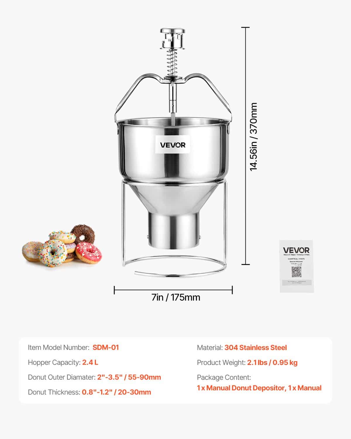 VEVOR 2.4L Manual Donut Depositor with Stand, 304 Stainless Steel, 6 Thickness Settings, for Bakery, Café, Restaurant Use — изображение 7