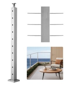 VEVOR Stainless Steel Cable Railing Post, 91x5x5 cm, Horizontal Deck Post with Pre-Drilled Holes & Brackets, Silver, 1-Pack