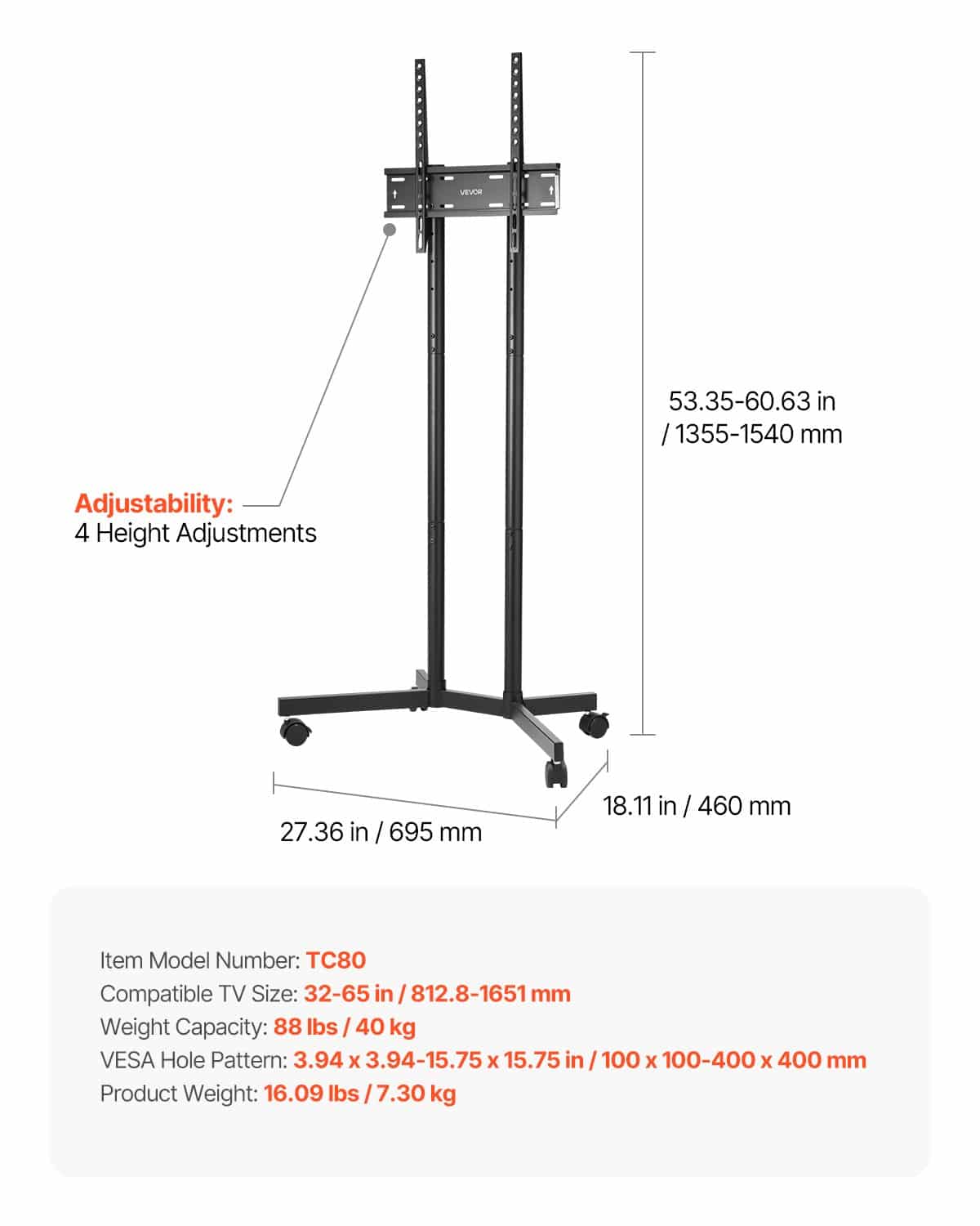 VEVOR Mobile TV Stand for 32–65" Screens, Adjustable Height, with Wheels, Max 40kg, VESA 400x400mm, for Home & Office Use - Зображення 7