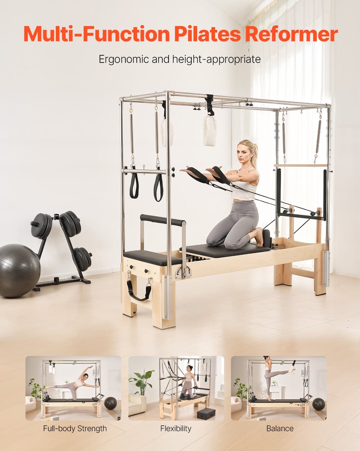 VEVOR Wooden Pilates Reformer Machine with Resistance Springs, Jump ...