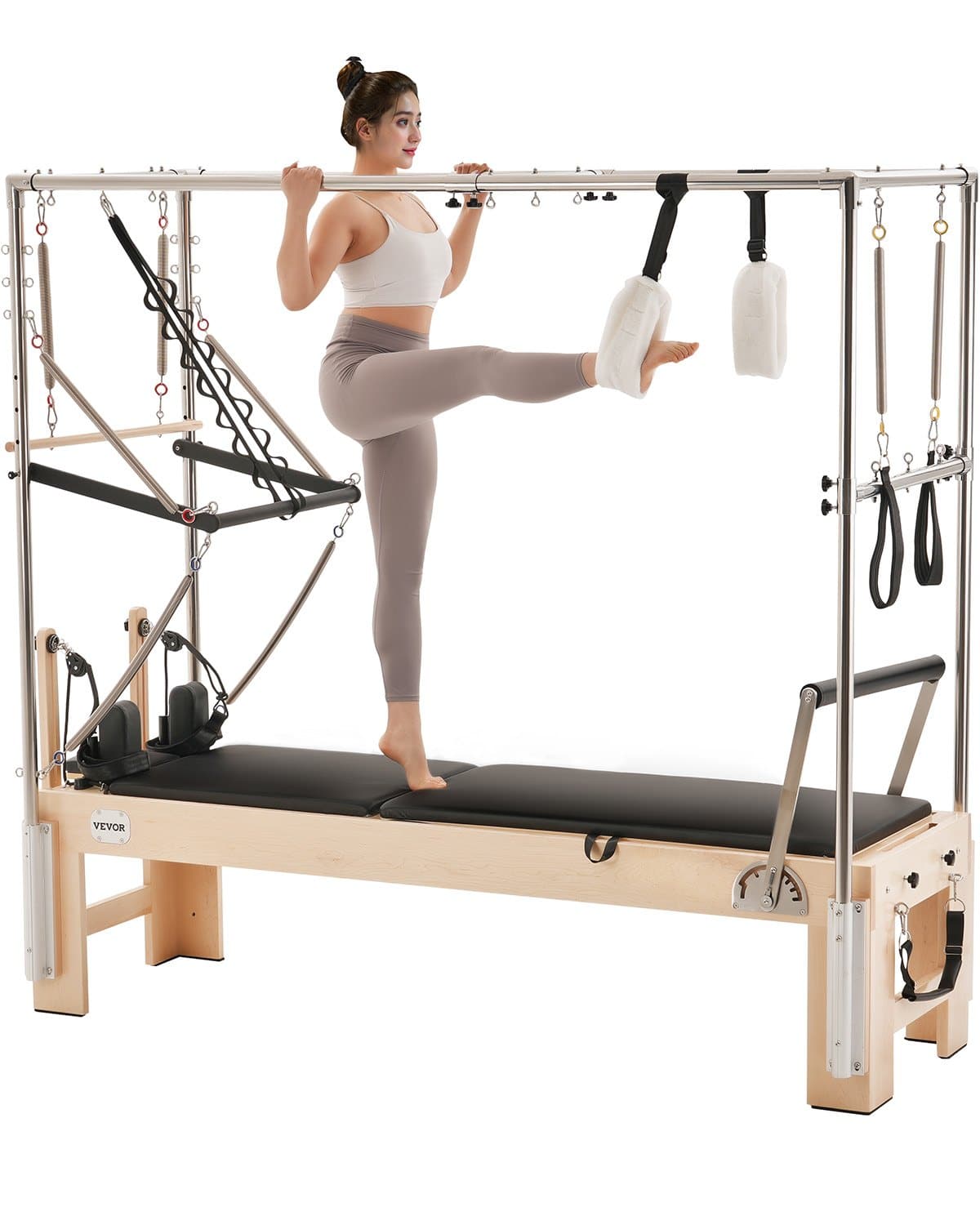 VEVOR Wooden Pilates Reformer Machine with Resistance Springs, Jump ...