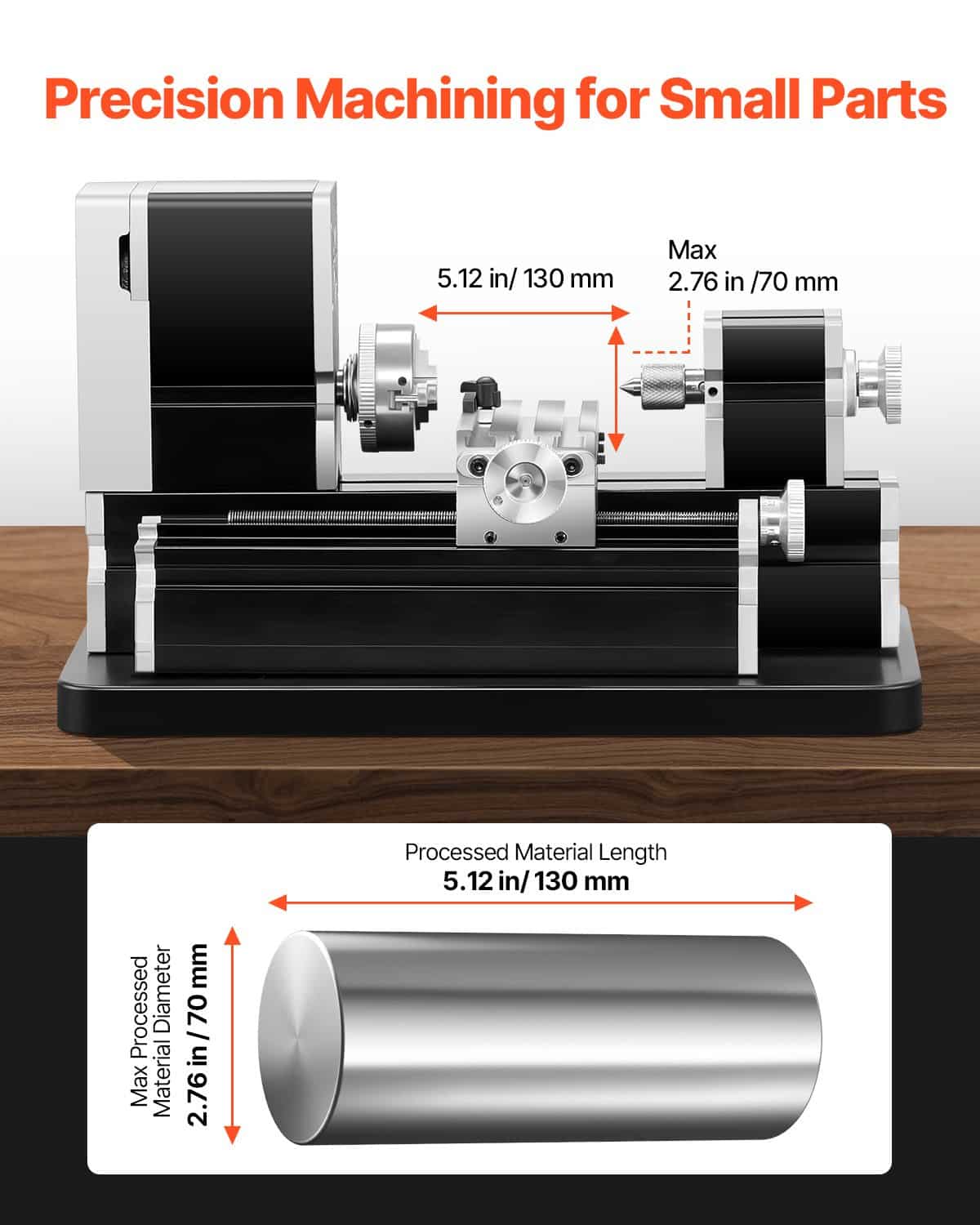 VEVOR Mini Metal Lathe 70x130mm, 36W, 20000 RPM, 3-Jaw Chuck, Aluminum Handwheel, for Precision Soft Metal & Plastic Parts - Pilt 3