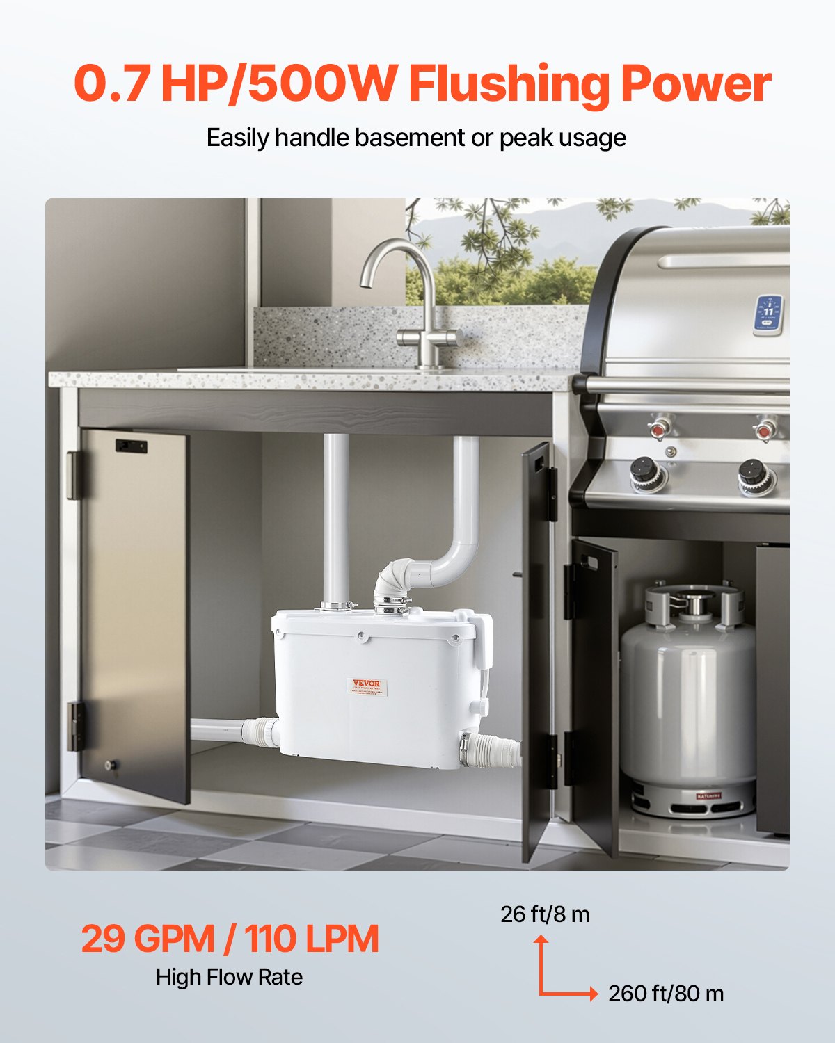 VEVOR 500W Macerator Toilet Pump, 110 L/min Flow, 8 m Head, 4 Inlets, Wastewater Upflush System for Bathroom, Kitchen, Basement — Attēls 4