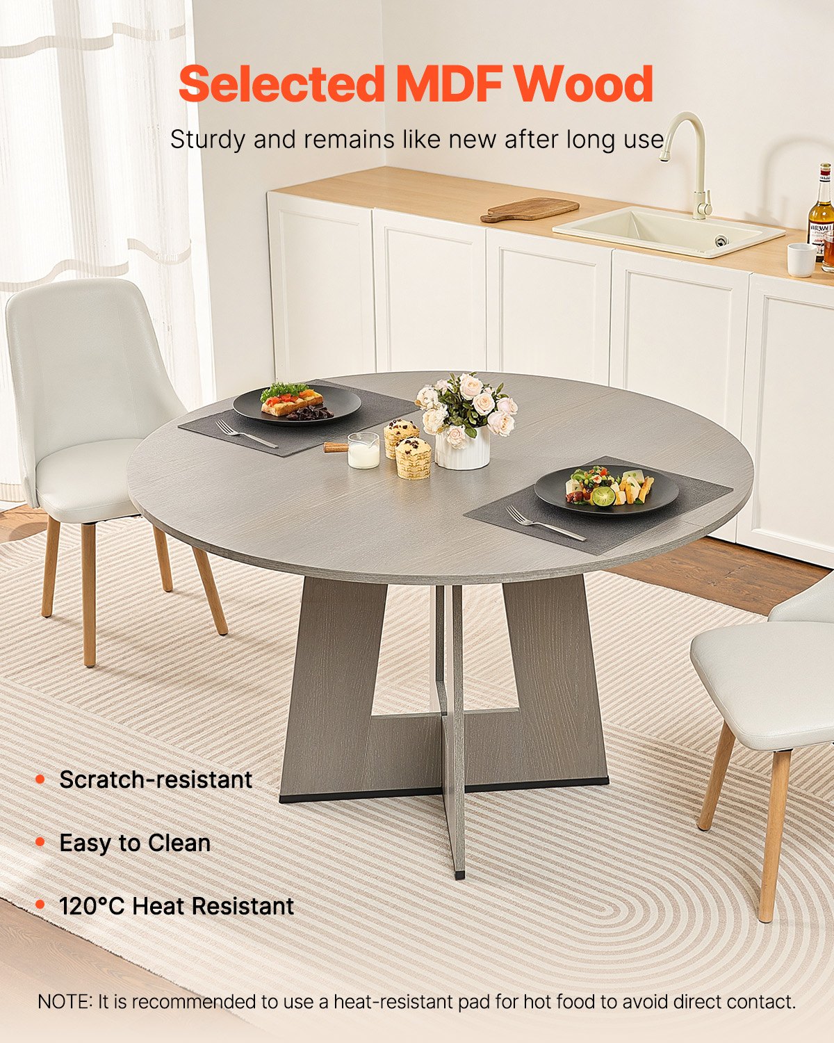 VEVOR 120 cm Round Dining Table for 2–4 People, Rustic Wood Table with Thick Legs, Grey, Ideal for Home Kitchen or Living Room - Зображення 2