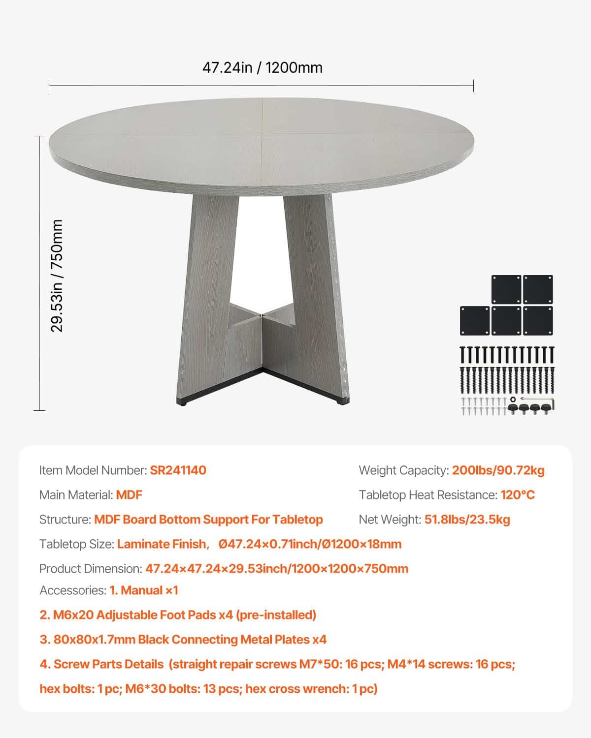 VEVOR 120 cm Round Dining Table for 2–4 People, Rustic Wood Table with Thick Legs, Grey, Ideal for Home Kitchen or Living Room - Зображення 7