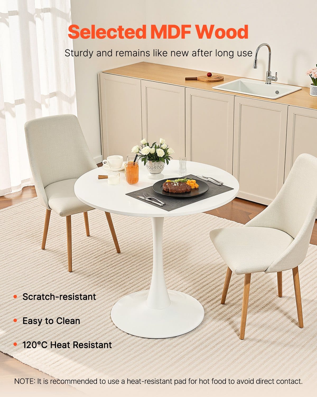 VEVOR 80cm Round Dining Table for 2-4 People, White MDF Top & Metal Tulip Base, Modern Kitchen/Living Room Coffee Table — изображение 2