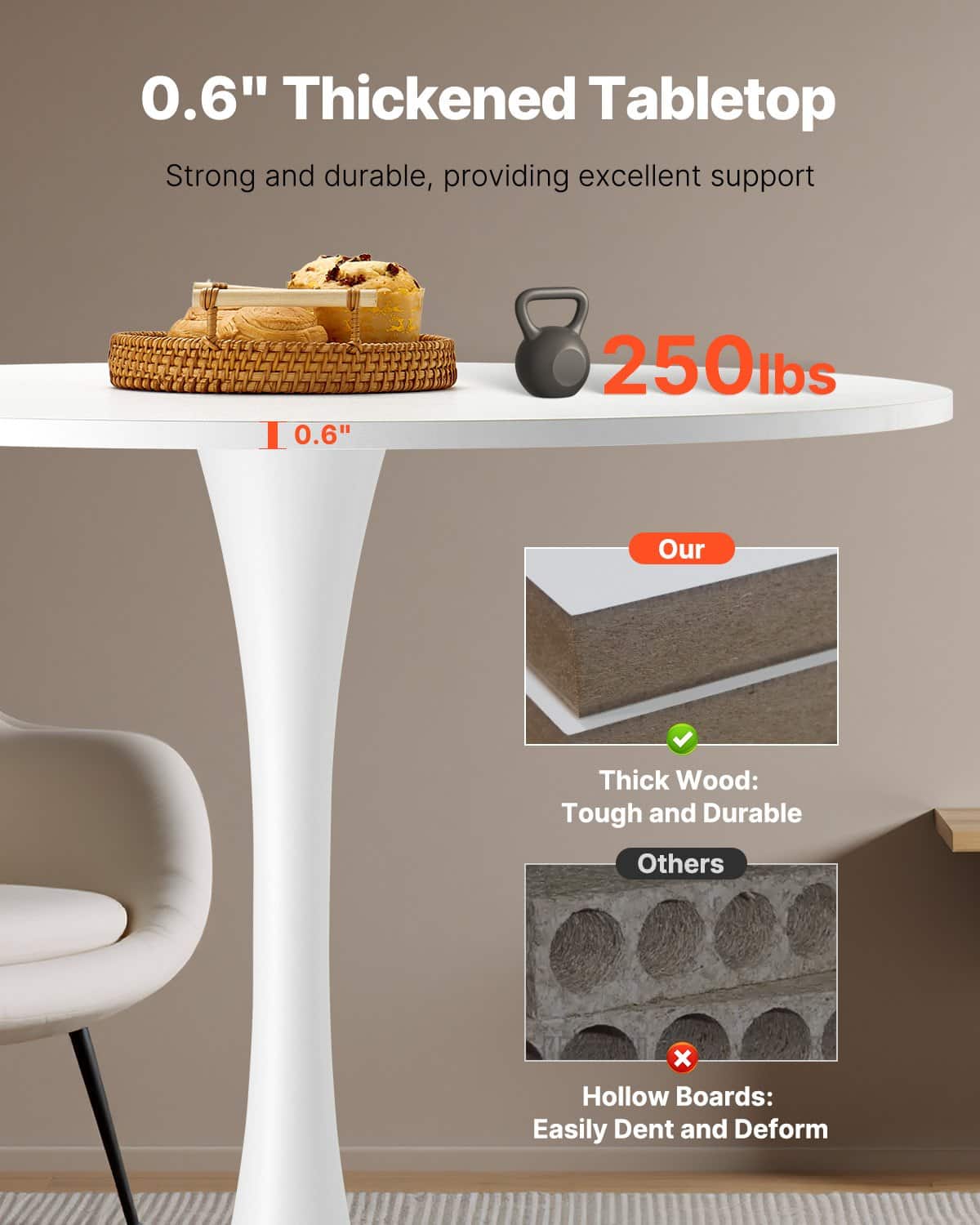 VEVOR 80cm Round Dining Table for 2-4 People, White MDF Top & Metal Tulip Base, Modern Kitchen/Living Room Coffee Table — изображение 3