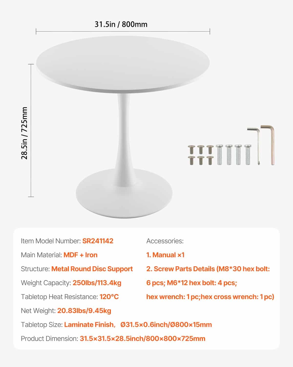 VEVOR 80cm Round Dining Table for 2-4 People, White MDF Top & Metal Tulip Base, Modern Kitchen/Living Room Coffee Table — изображение 7
