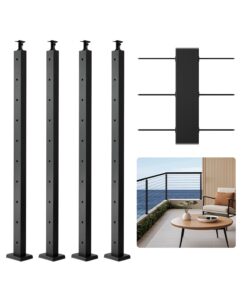 VEVOR 4-Pack 91x5x5 cm Stainless Steel Cable Railing Posts with Horizontal & Curved Brackets, Black, for Decks & Stairs