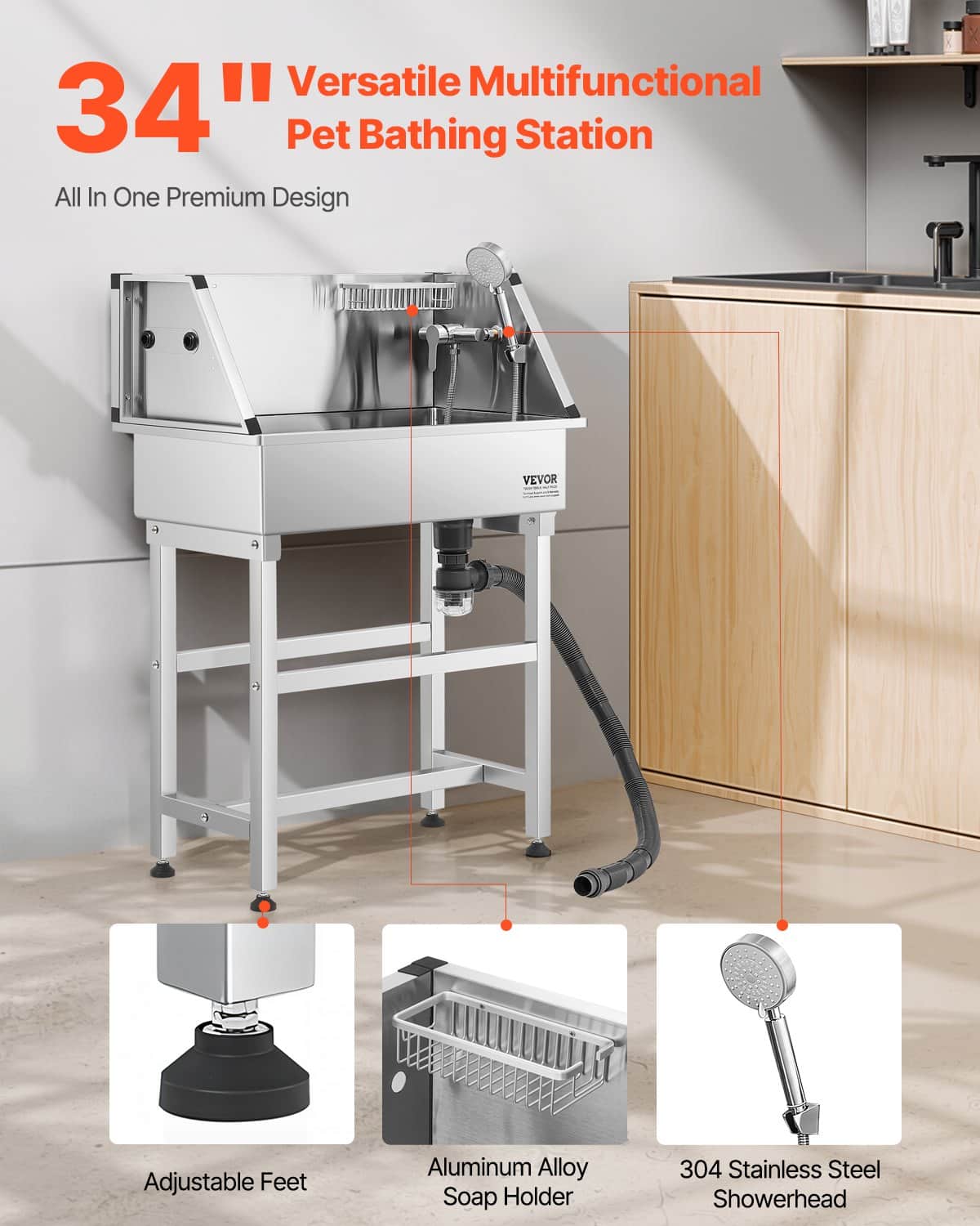 VEVOR 86 cm Stainless Steel Pet Washing Station with Showerhead, Hot & Cold Faucet, Grooming Tub for Small Dogs & Cats — изображение 2